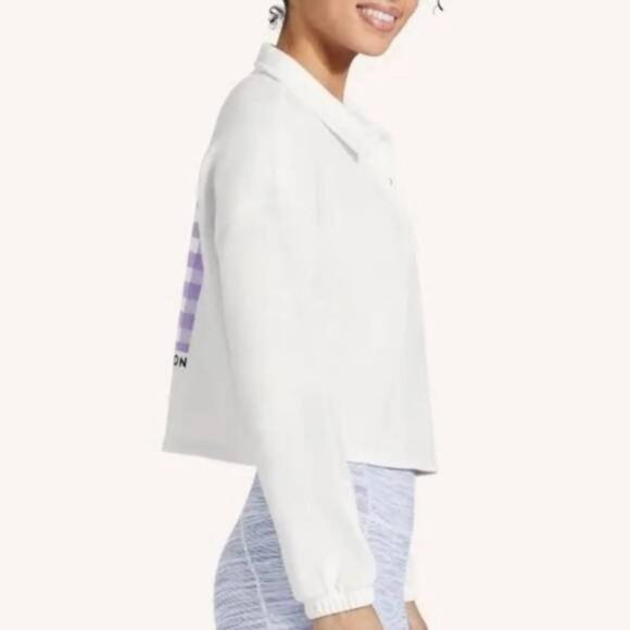Peloton Polo Sweatshirt Pullover in White with Checkered Graphic Back - Picture 3 of 7